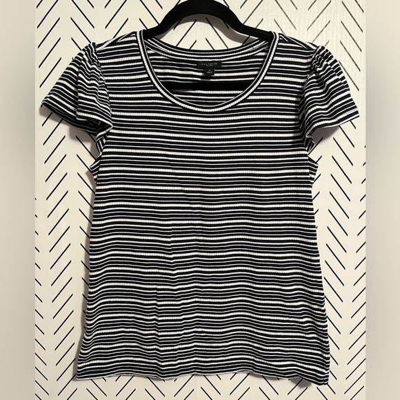 Ann Taylor Black and White Stripe Basic Tee with Flutter Sleeves - Picture 2 of 9